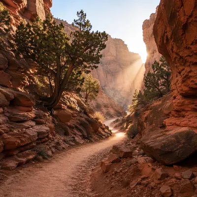 Evergreen Junipers Along Desert Canyon Path