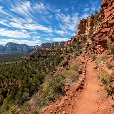 Winding Desert Canyon Trail with Evergreen Valley