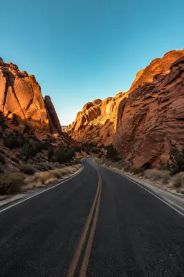 Desert Road Through Sunlit Sandstone Canyon