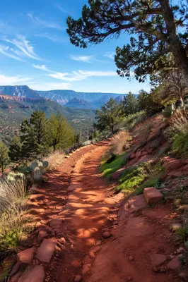 Winding Desert Canyon Path with Evergreens