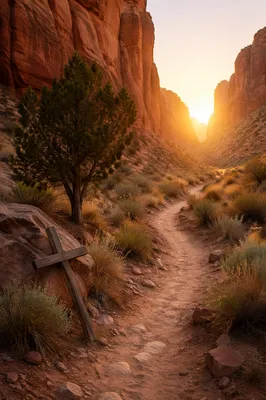Desert Canyon Path with Evergreen Hope