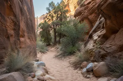 Winding Desert Canyon Path With Evergreens