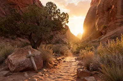 Desert Canyon Path with Evergreen Cross