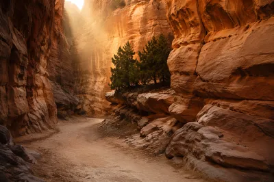 Evergreen Junipers Along Desert Canyon Path