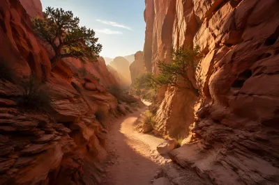 Evergreen Junipers Along Desert Canyon Path