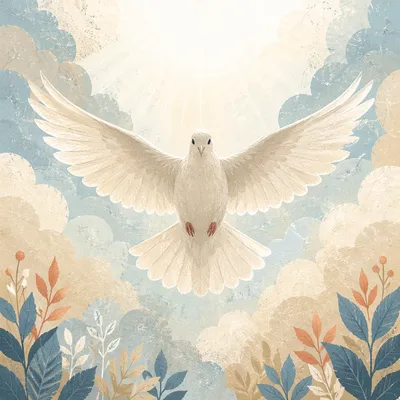 White Dove Flying Through Heavenly Clouds