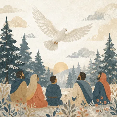 White Dove Rising Over Evergreen Pines