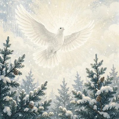 White Dove Above Snowy Evergreen Pines