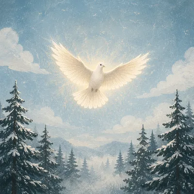 White Dove Over Frosted Evergreen Grove
