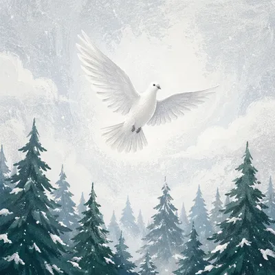 White Dove Over Snowy Evergreen Forest