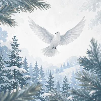 White Dove Above Evergreen Pines