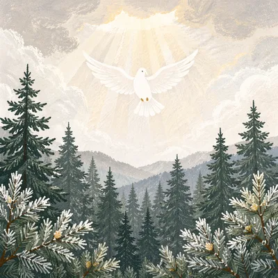 White Dove Above Evergreen Winter Sky