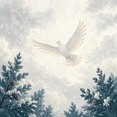 White Dove Rising Through Winter Pines