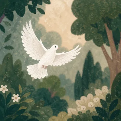 White Dove Flying Through Evergreen Light