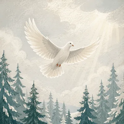 White Dove Over Evergreen Winter Sky