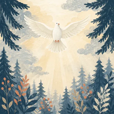 White Dove Rising Over Evergreen Forest