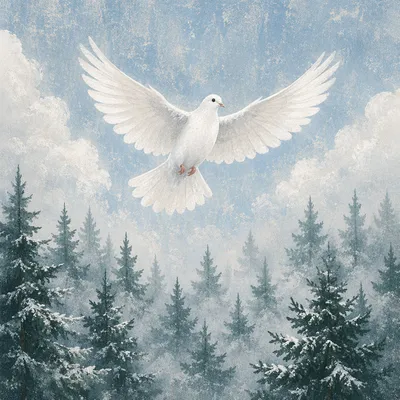 White Dove Above Frosted Evergreens