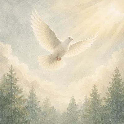 White Dove Rising Above Evergreen Sky