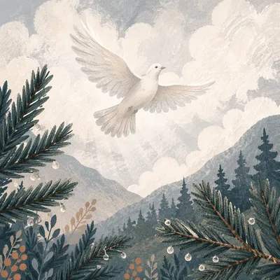 White Dove Rising Over Evergreen Pines