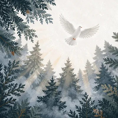 White Dove Above Evergreen Winter Forest