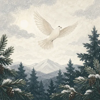 White Dove Above Winter Evergreen Grove