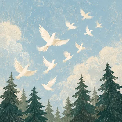 White Doves Rising Above Evergreen Trees