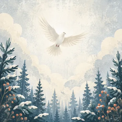 White Dove Over Snowy Evergreen Forest
