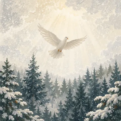 White Dove Above Snowy Evergreen Forest