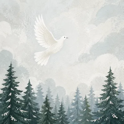 White Dove Over Evergreen Winter Forest