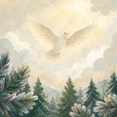 White Dove Above Frosted Evergreen Forest