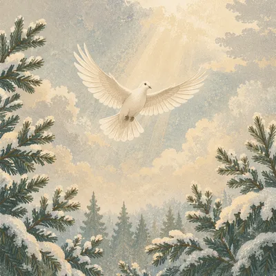 White Dove Rising Over Snowy Evergreens