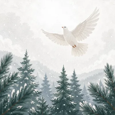 White Dove Above Evergreen Winter Forest
