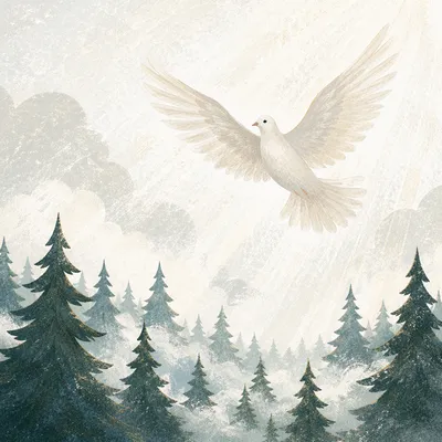 White Dove Above Evergreen Forest Sky