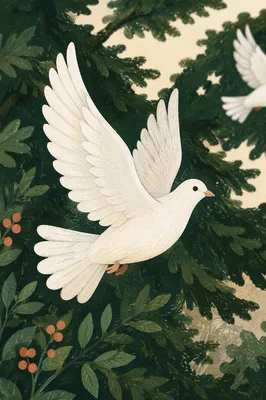 White Dove Flying Through Evergreen Light