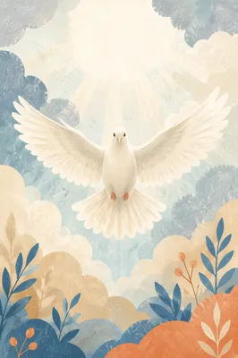 White Dove Flying Through Heavenly Clouds