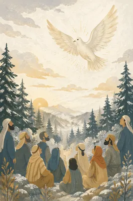 White Dove Above Evergreen Pines
