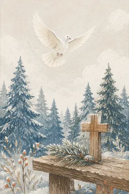 White Dove Over Winter Evergreen Pines