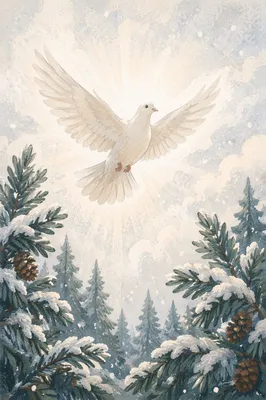 White Dove Above Snowy Evergreen Pines