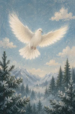 White Dove Over Frosted Evergreen Grove