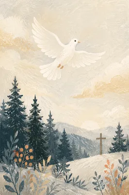 White Dove Over Evergreen Winter Cross