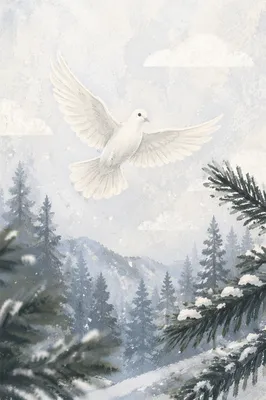 White Dove Above Evergreen Pines