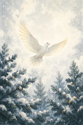White Dove Rising Over Snowy Evergreens