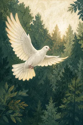 White Dove Flying Over Evergreen Forest