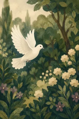 White Dove Flying Through Evergreen Light