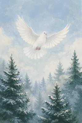 White Dove Above Frosted Evergreen Trees