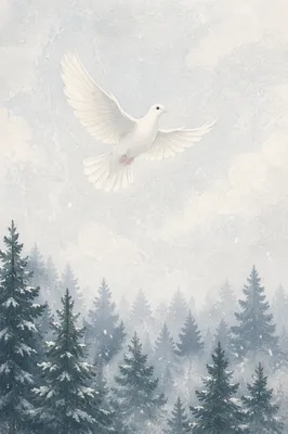 White Dove Above Evergreen Winter Sky