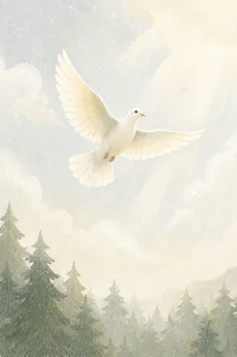 White Dove Rising Above Evergreen Mist