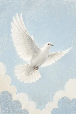 White Dove Rising in Serene Sky
