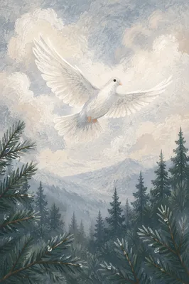 White Dove Above Evergreen Pines