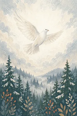 White Dove Above Snowy Evergreen Grove